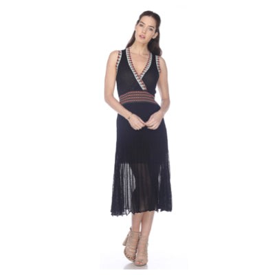 V-Neck Knit Crinkle Dress - Black